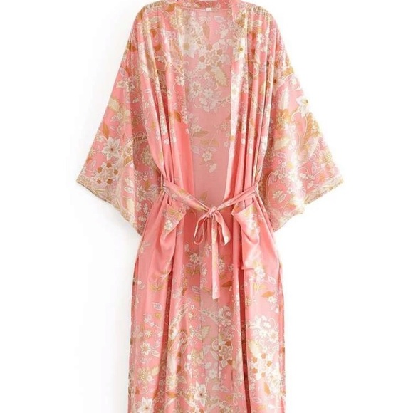 Other - Swimwear cover up pink floral boho kimono